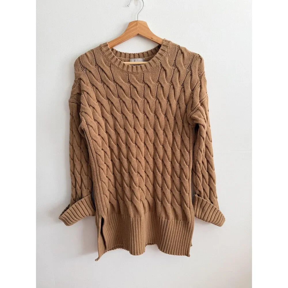 J.Crew Re-Imagined Cable Knit Sweater S-M Camel Brown Side Slit Cotton Blend